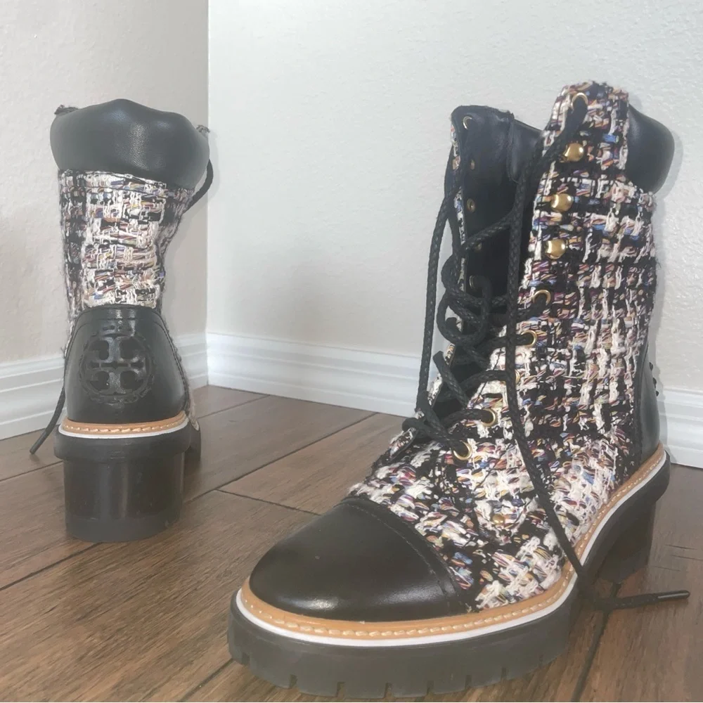 Tory Burch boots tweed booties black boots fall chunky boot lace up combat boot